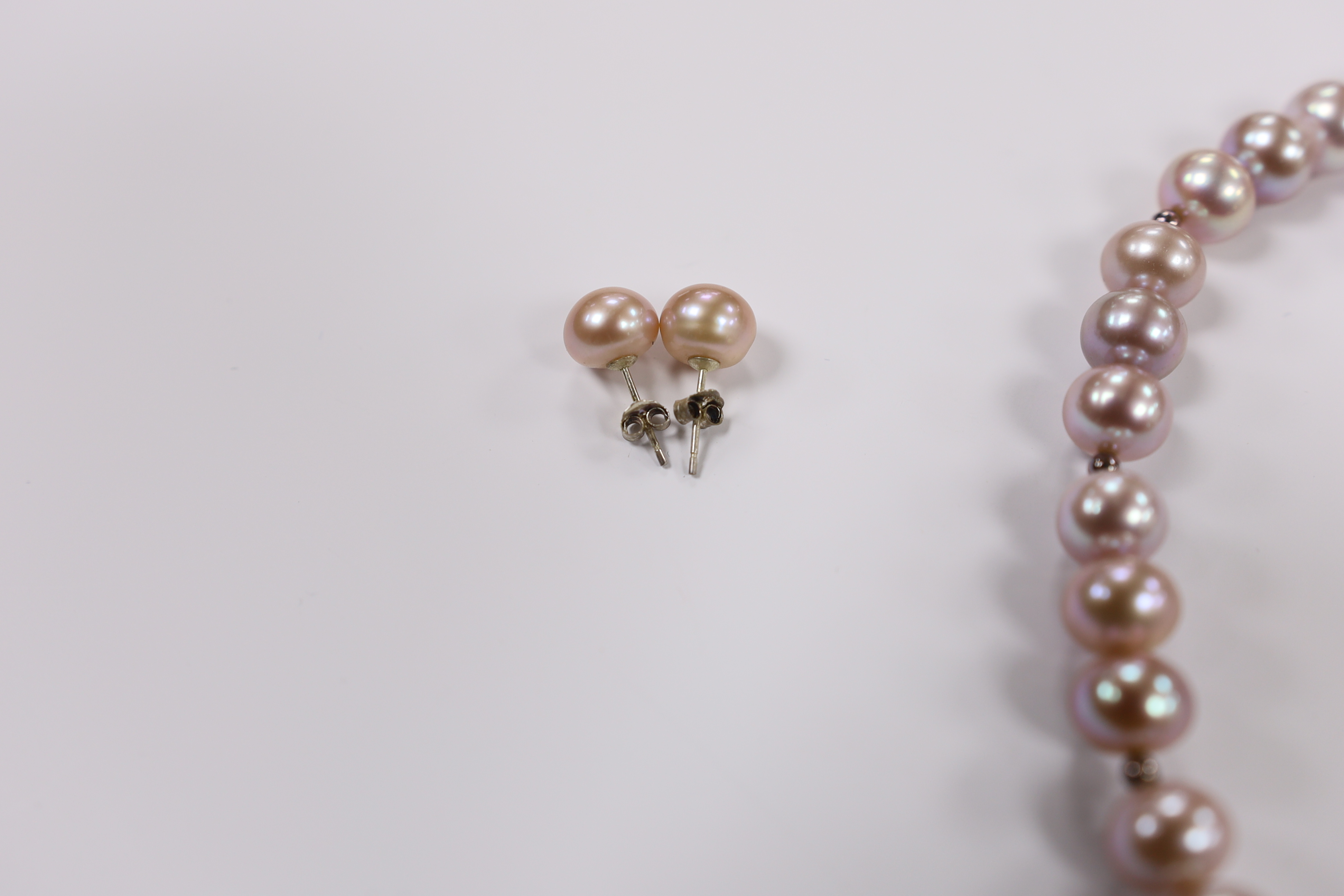 A single strand South Sea cultured pearl necklace, with sterling clasp, 48cm, in Pruden & Smith box and a pair of similar ear studs.